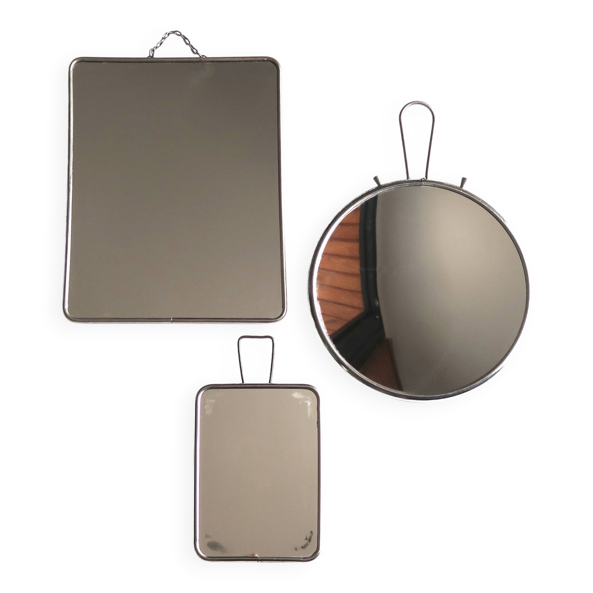Set of 3 rectangular and round magnifying barber mirrors, 1950s.