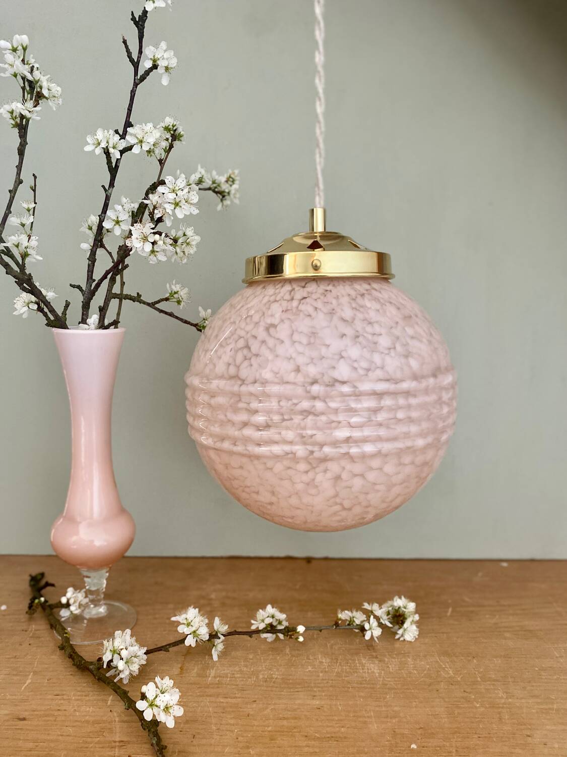 Vintage art deco globe pendant light in pale pink Clichy glass