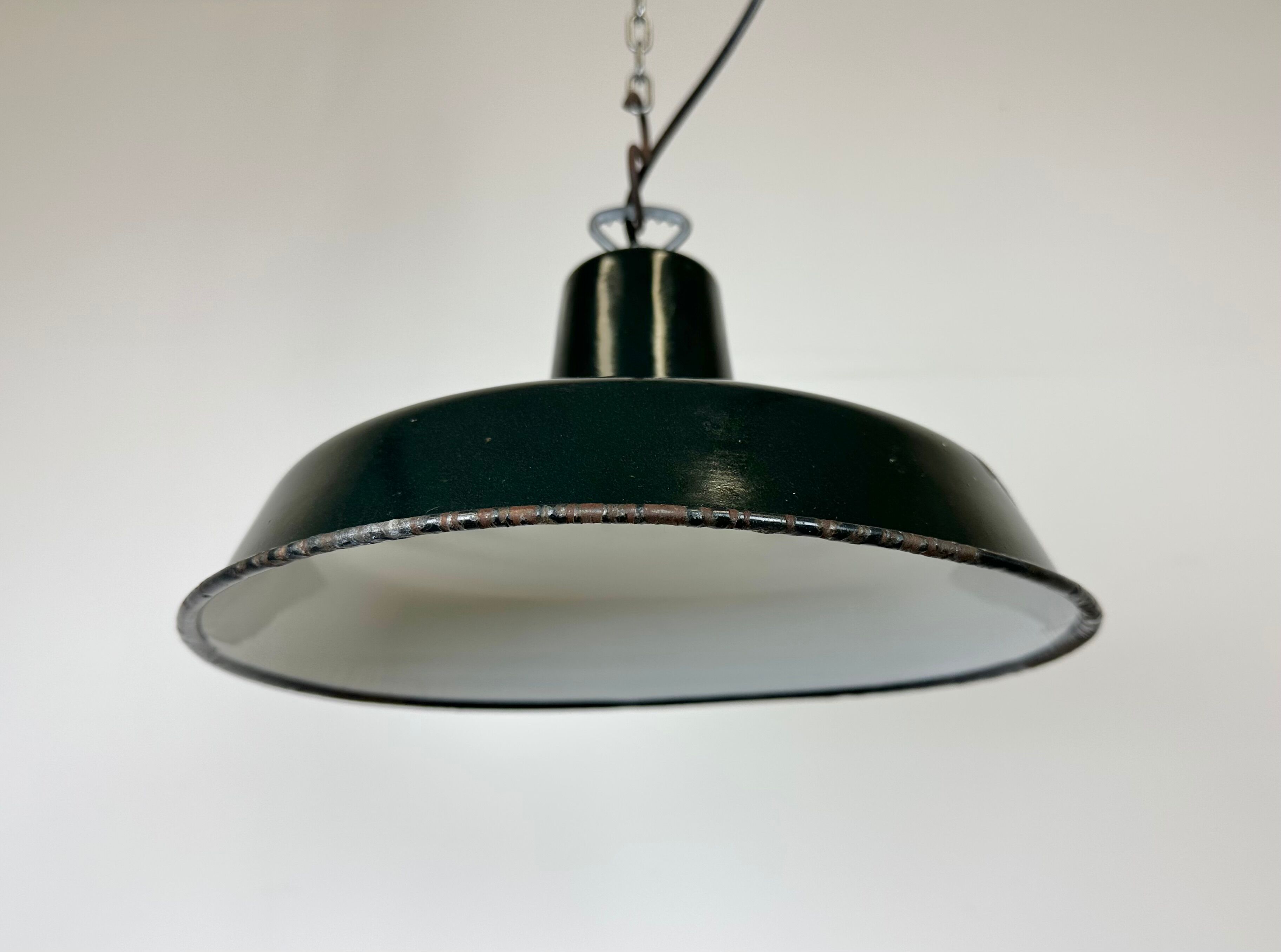 Industrial French Dark Green Enamel Factory Lamp, 1960s