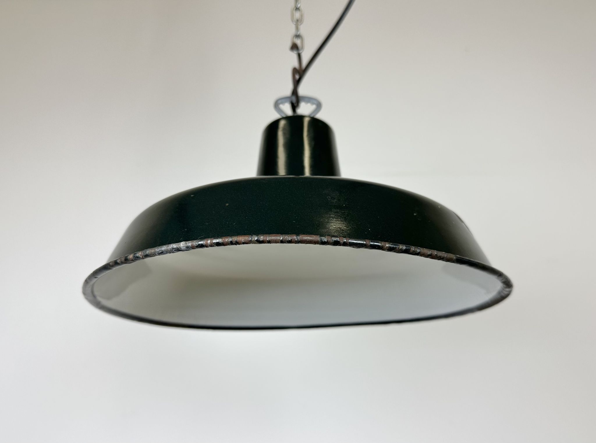 Industrial French Dark Green Enamel Factory Lamp, 1960s