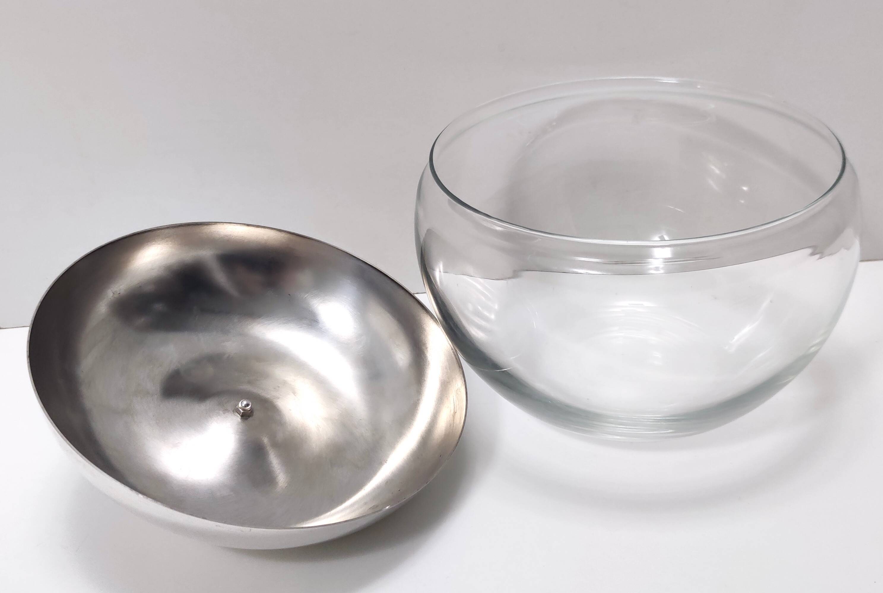 Postmodern Transparent Glass and Silver-Plated Metal Ice Bucket / Bowl, Italy