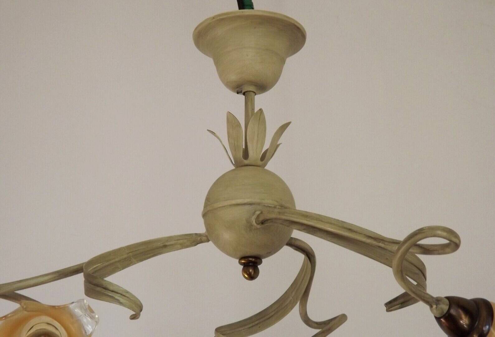 Stunning Italian Vintage 3 Light Tole Chandelier with Blown Glass Shades 4646