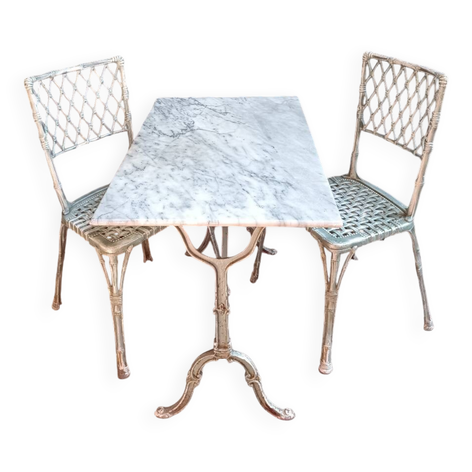 Garden furniture - Bistro table (marble and cast iron) 2 2 aluminum chairs