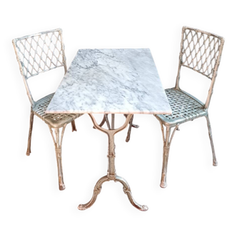 Salon de jardin - Table bistrot (marbre et fonte) 2 2 chaises en aluminium