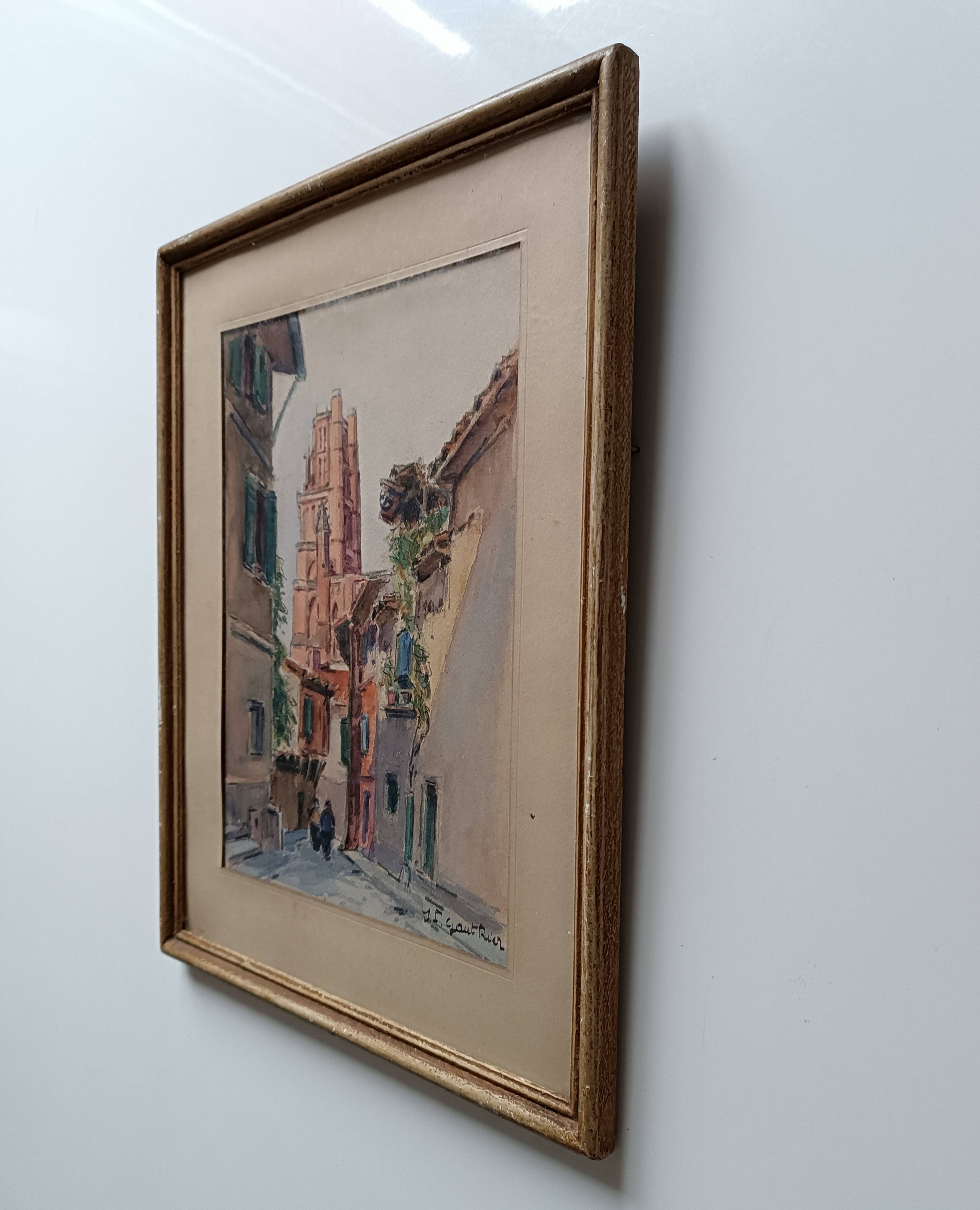 Signed watercolor painting View of Albi Cathedral