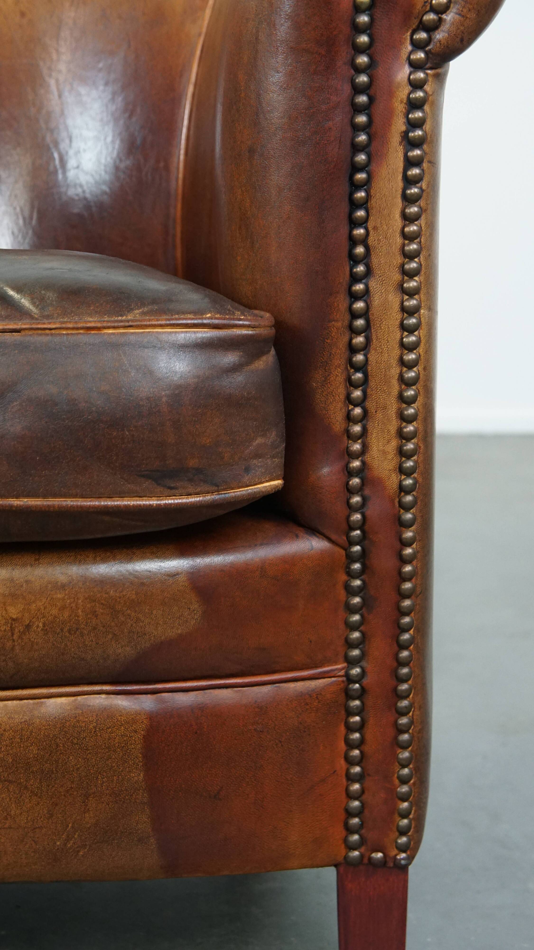 Cognac-Colored Sheepskin Leather Club Armchair