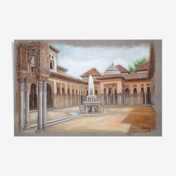 Dessin de l'Alhambra de Grenade. Cour des Lions. Peinture de l'Alhambra. Tableau de la Cour des Lions.