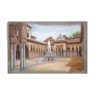 Drawing of the Alhambra of Granada. Court of Lions. Painting of the Alhambra. Painting of the Court of Lions.