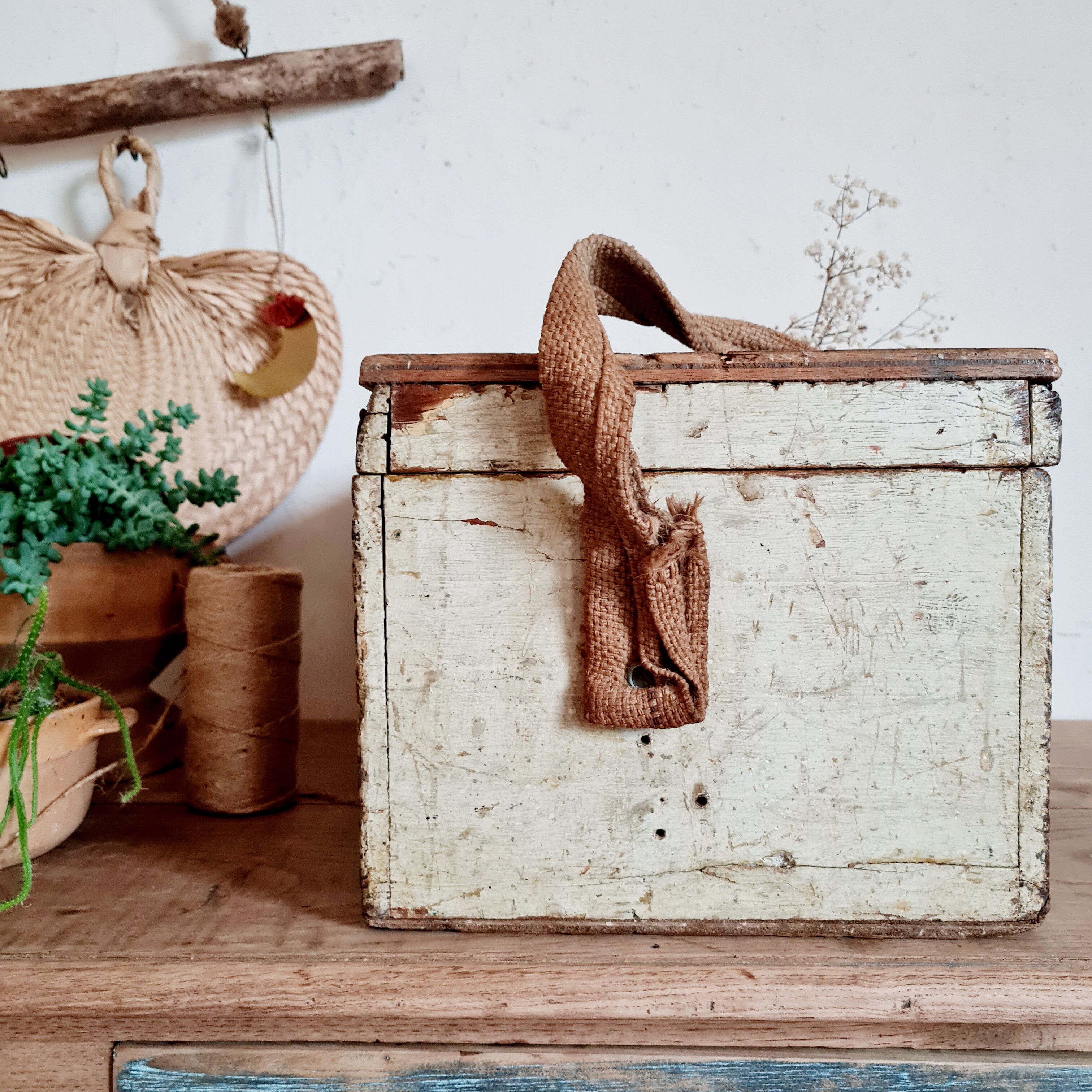 White patinated antique wooden chest