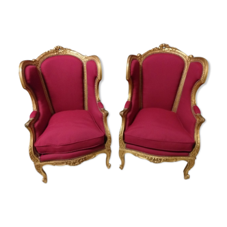 Pair of Louis XV armchairs in gilded wood XlX