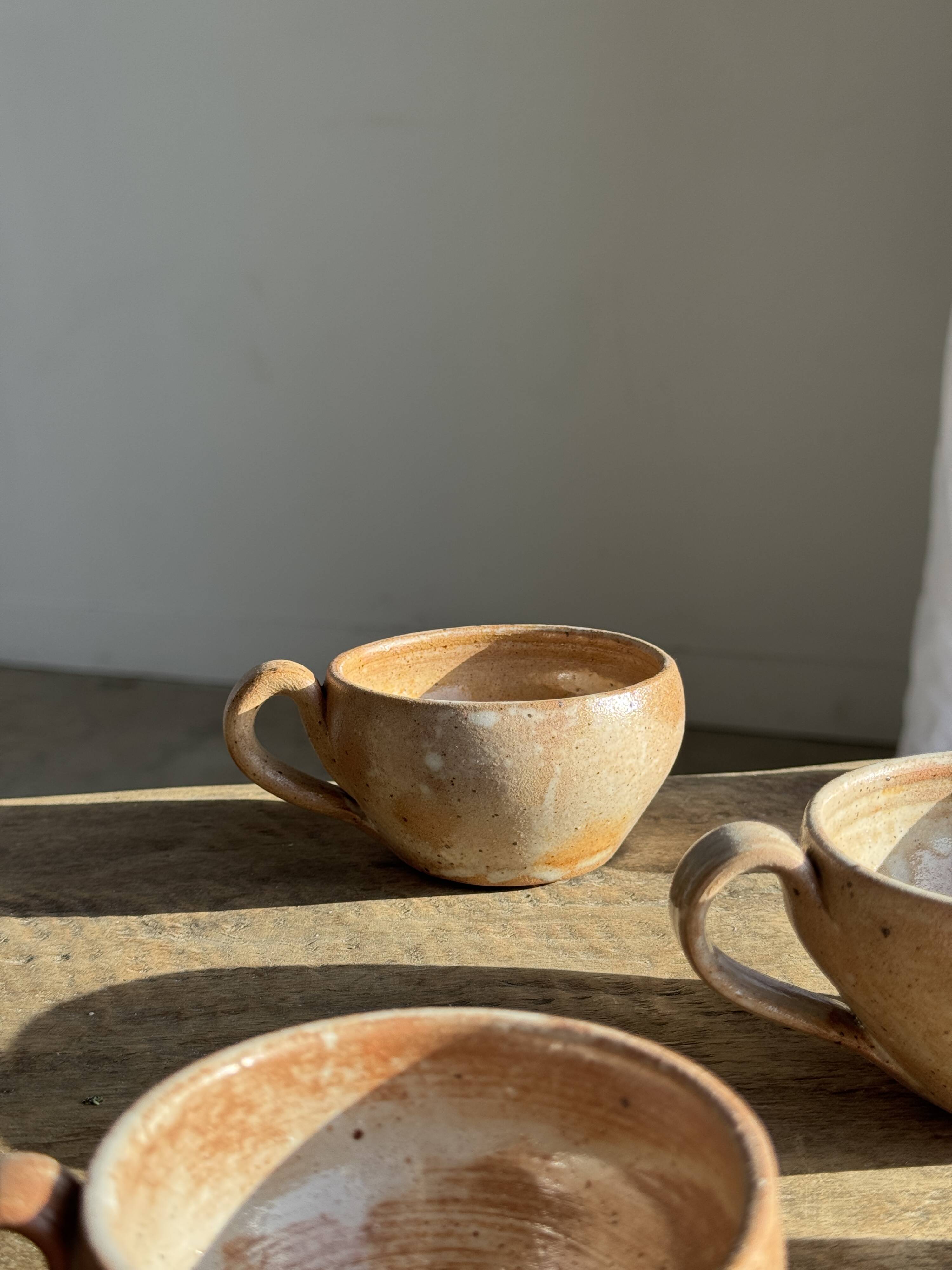 Set of 11 vintage coffee cups, raw matte stoneware H11