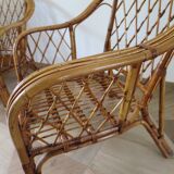 Vintage - lot de 2 fauteuils en bambou et rotin tressé avec coussins- couleur naturel - Années 80