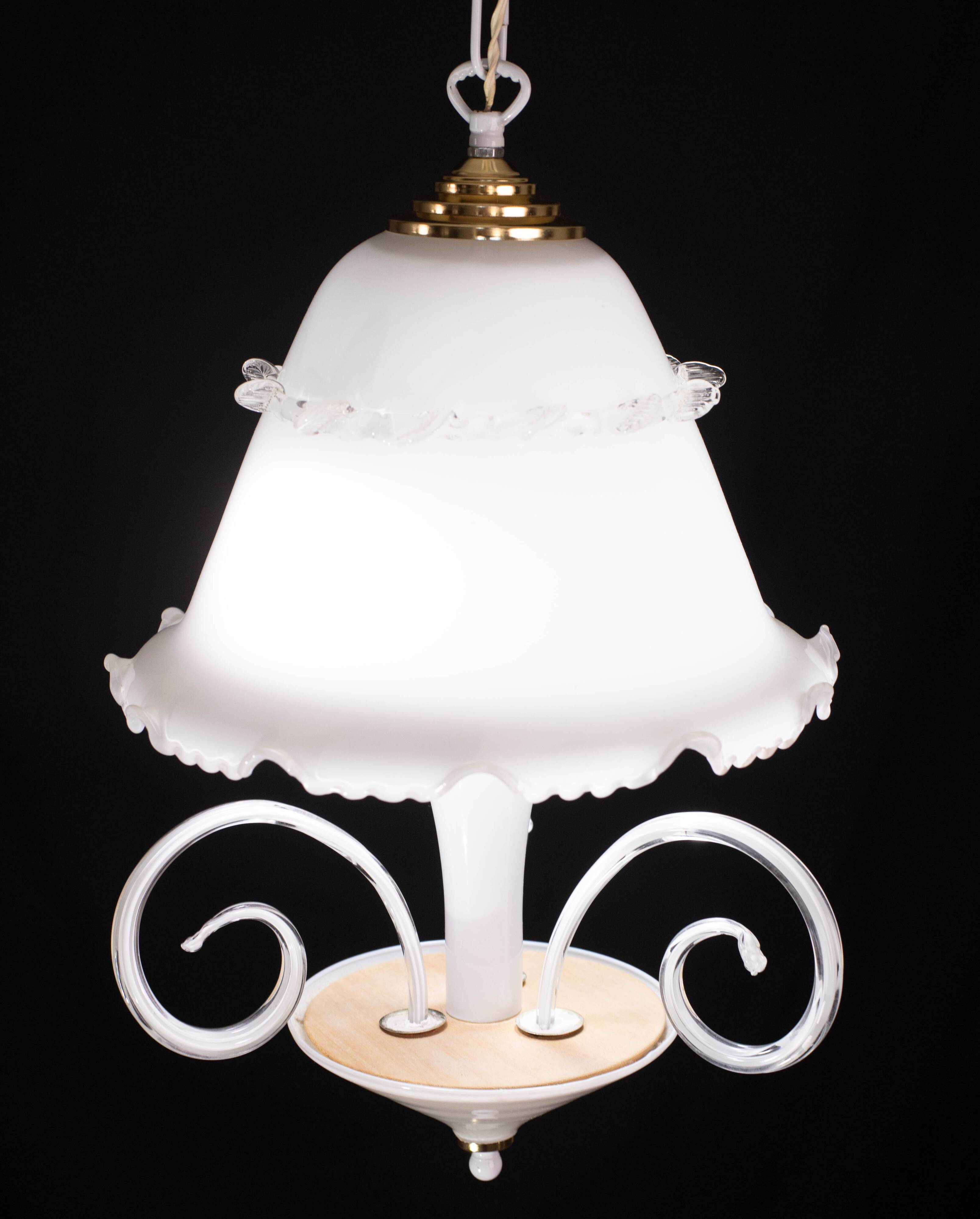 “Umbrella” Charming Murano Vintage White Chandelier in Murano Glass, 1980s