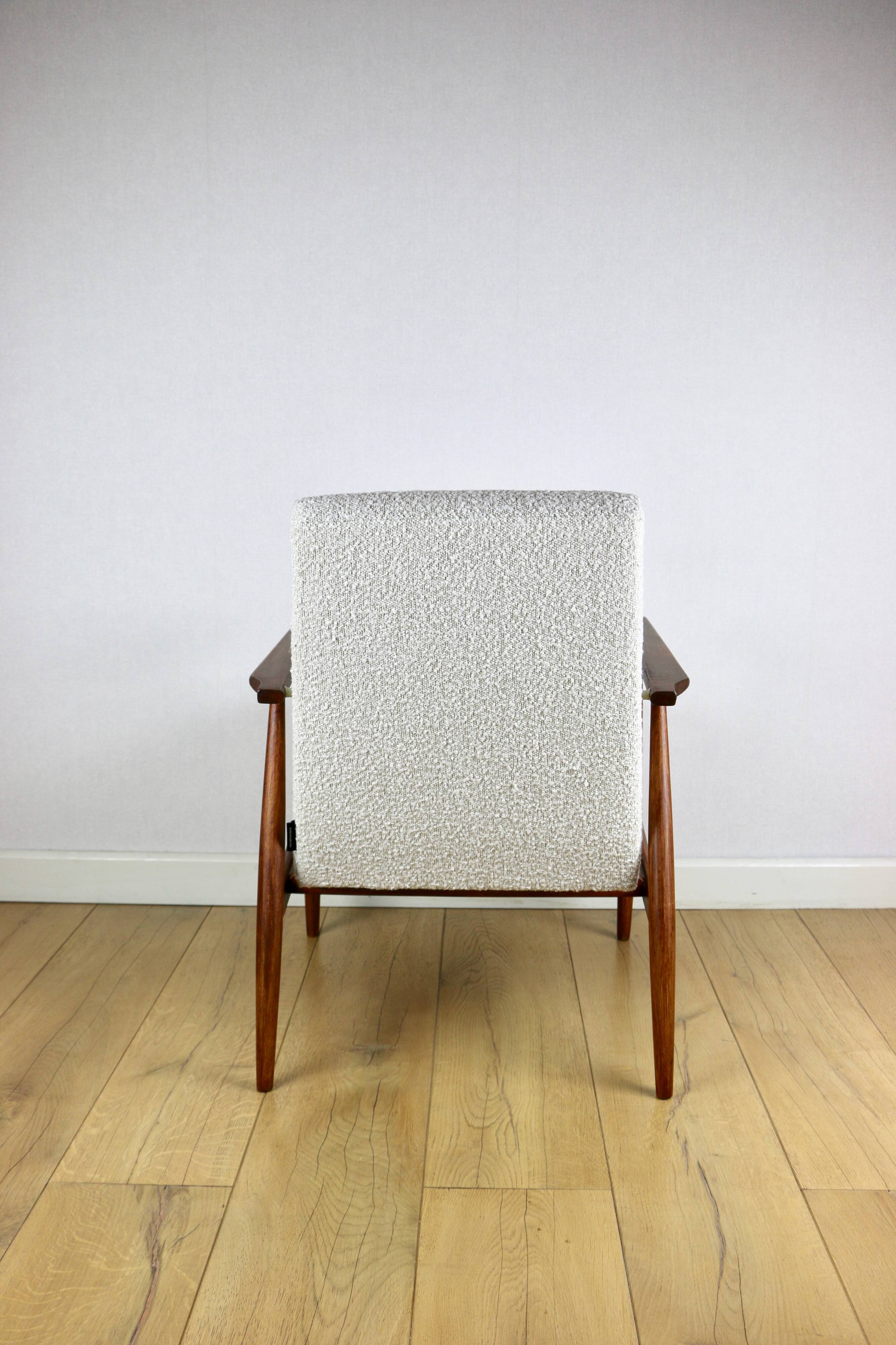 Armchair 'Lis', 1970s, white boucle, design by Henryk Lis - dark wood - 2 pieces available