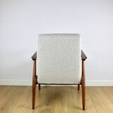 Armchair 'Lis', 1970s, white boucle, design by Henryk Lis - dark wood - 2 pieces available