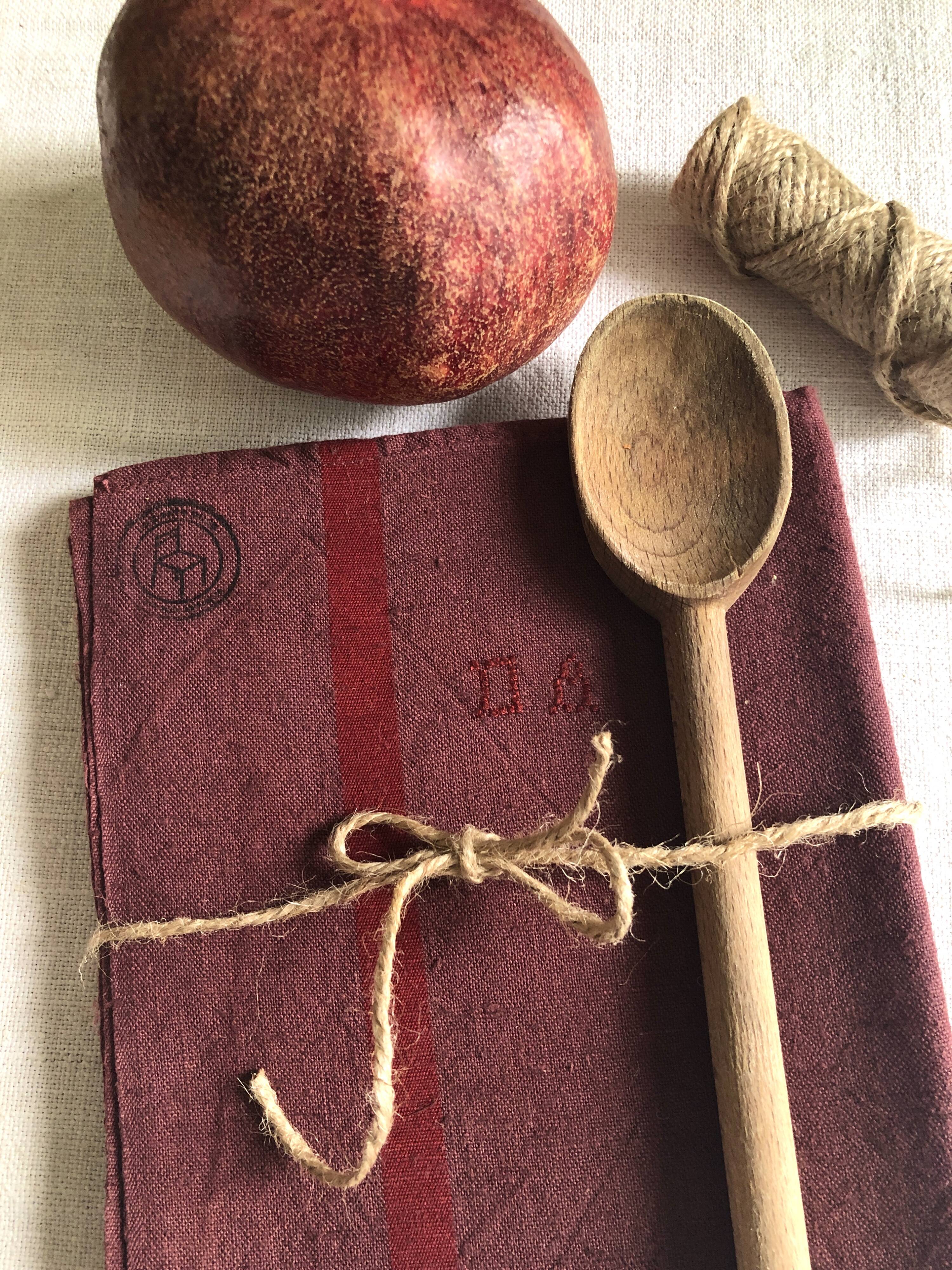 Old tea towel in linen and Burgundy cotton