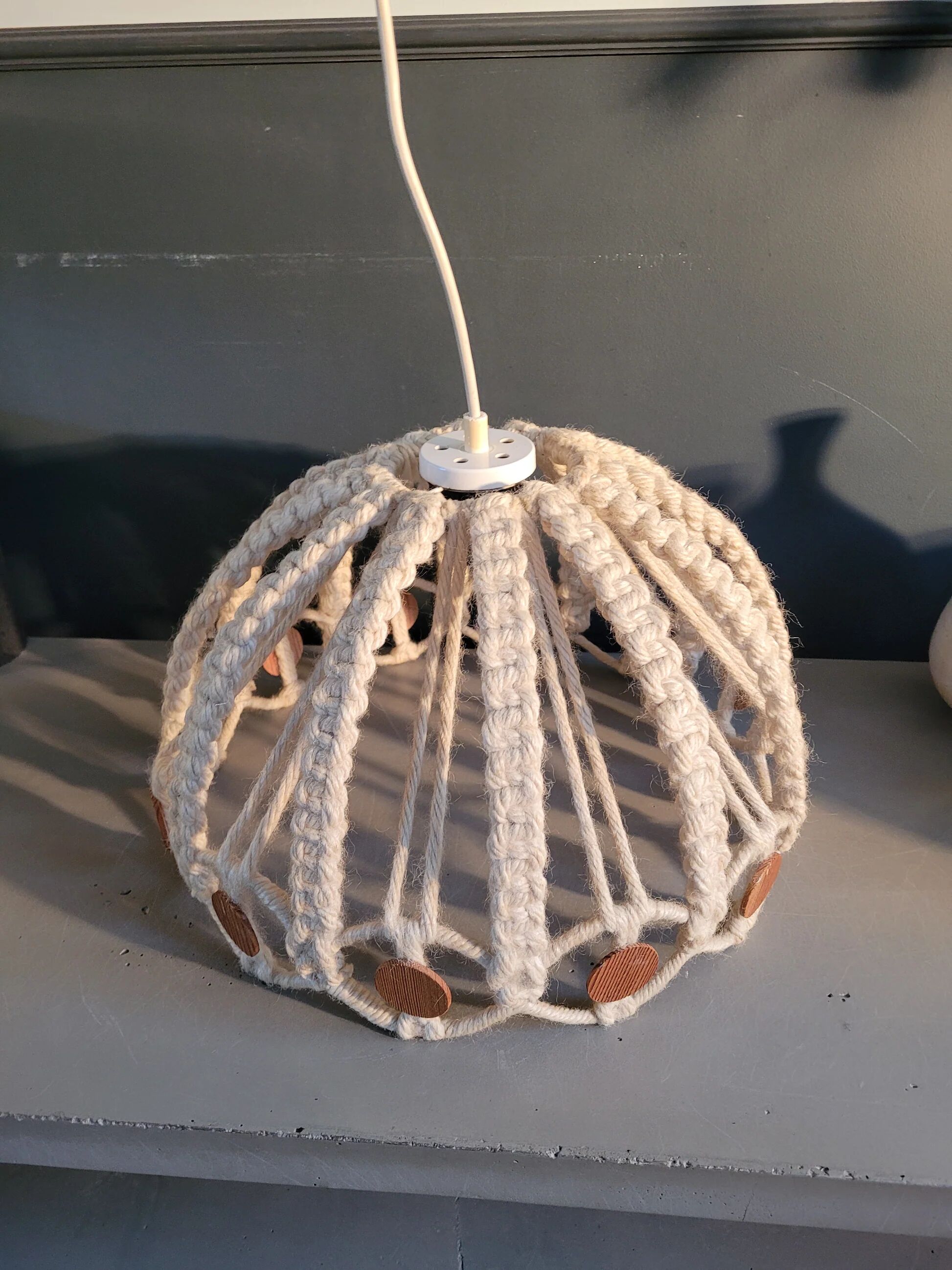 Vintage macramé and wood pendant light