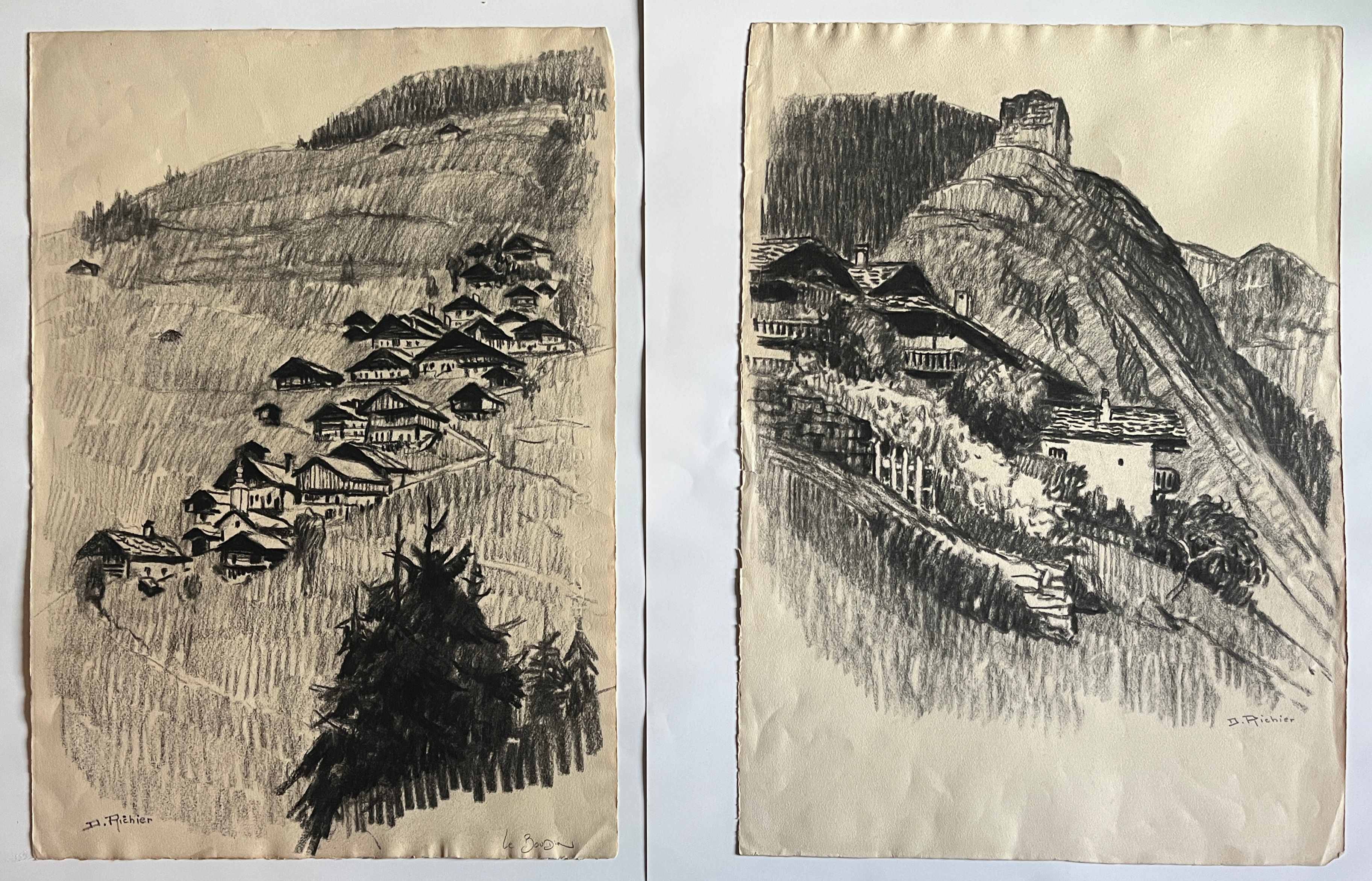 Two paintings denise richier (1896-1983) le boudin, village of beaufortain (73)