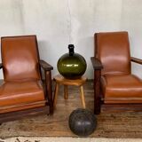 PAIR OF BRUTALIST ARMCHAIRS IN TEAK AND VINTAGE COGNAC LEATHER FROM THE 1950S