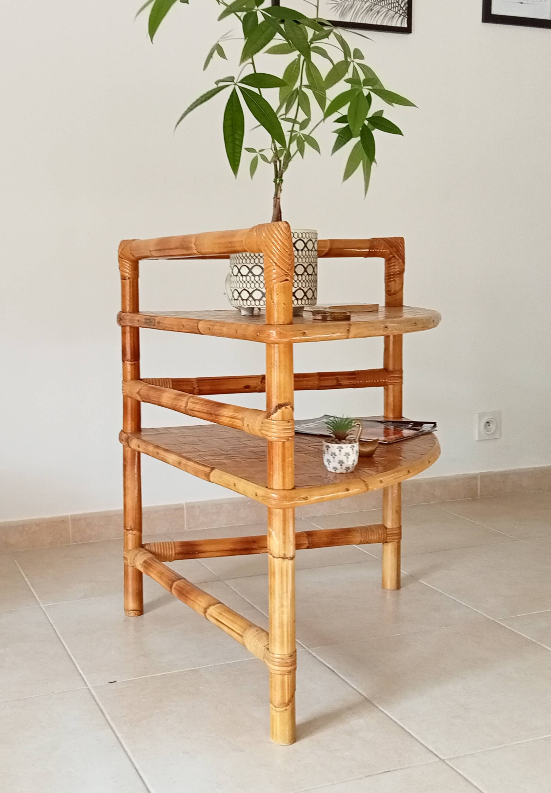 Bamboo and rattan corner table by Adrien Audoux and Frida Minet 1950s