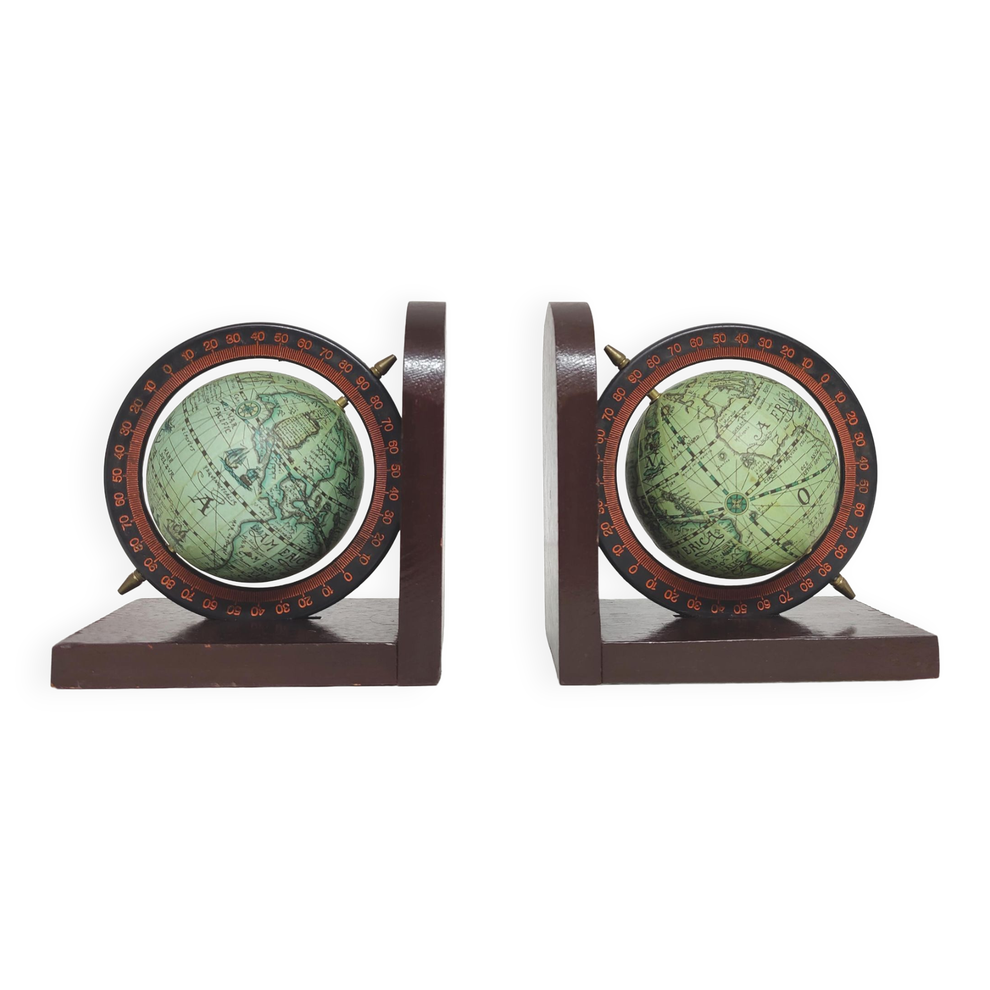 Pair of bookends vintage globe world map wood paper