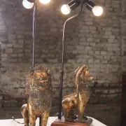 Pair of table lamps with gilt bronze Singha lions – Thailand, 1970s