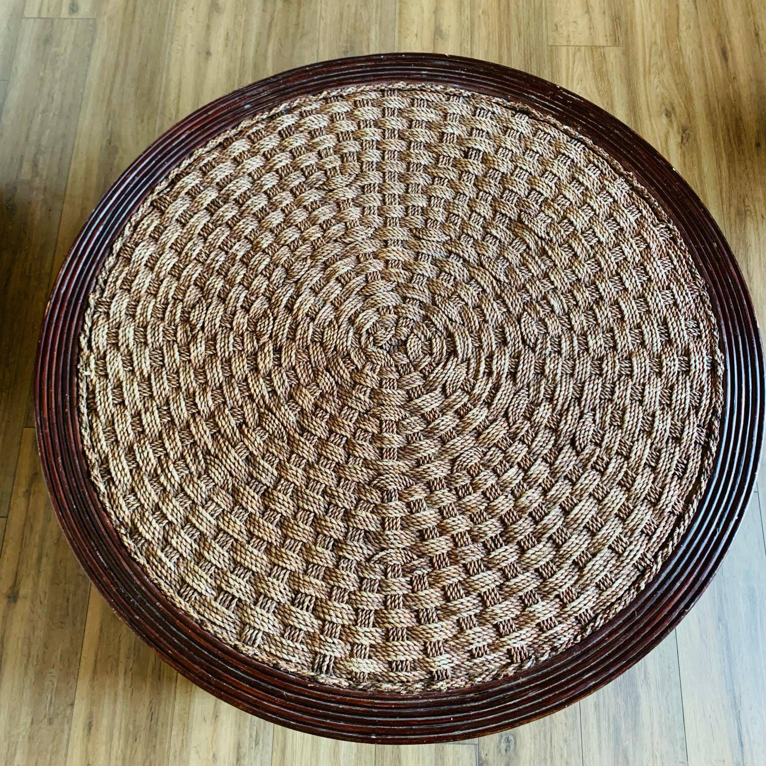 Vintage woven rope and rattan coffee table with 4 stools
