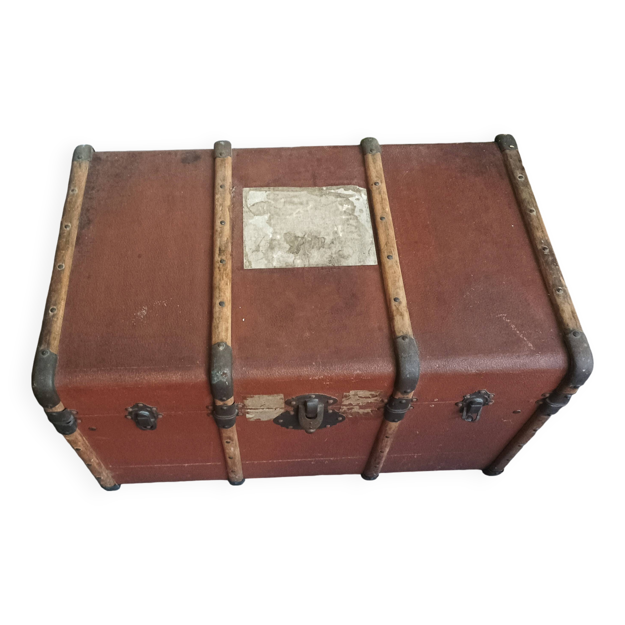 Large antique wooden travel trunk