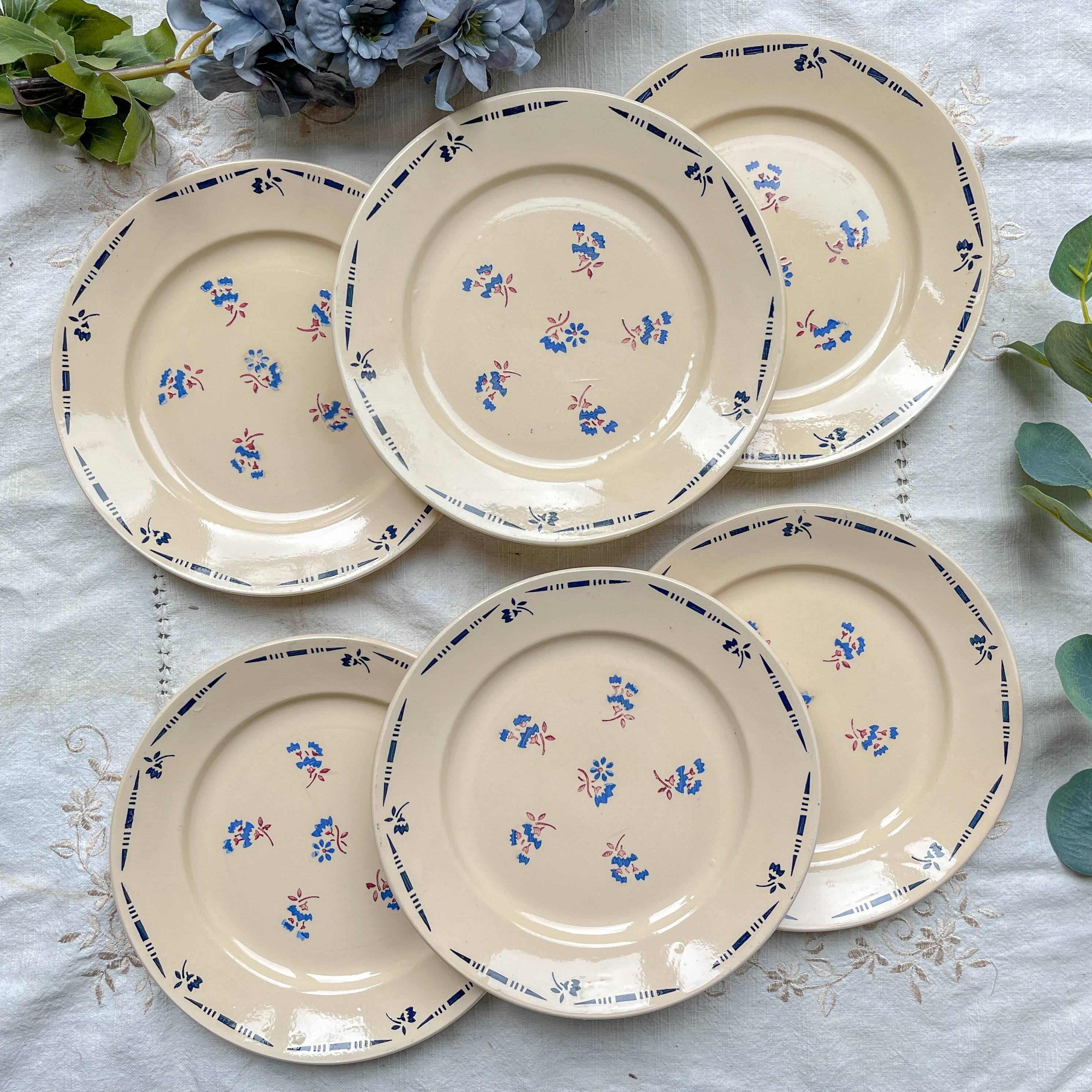 6 vintage K&G Luneville "Flore" porcelain dinner plates, 1950s, small blue flowers