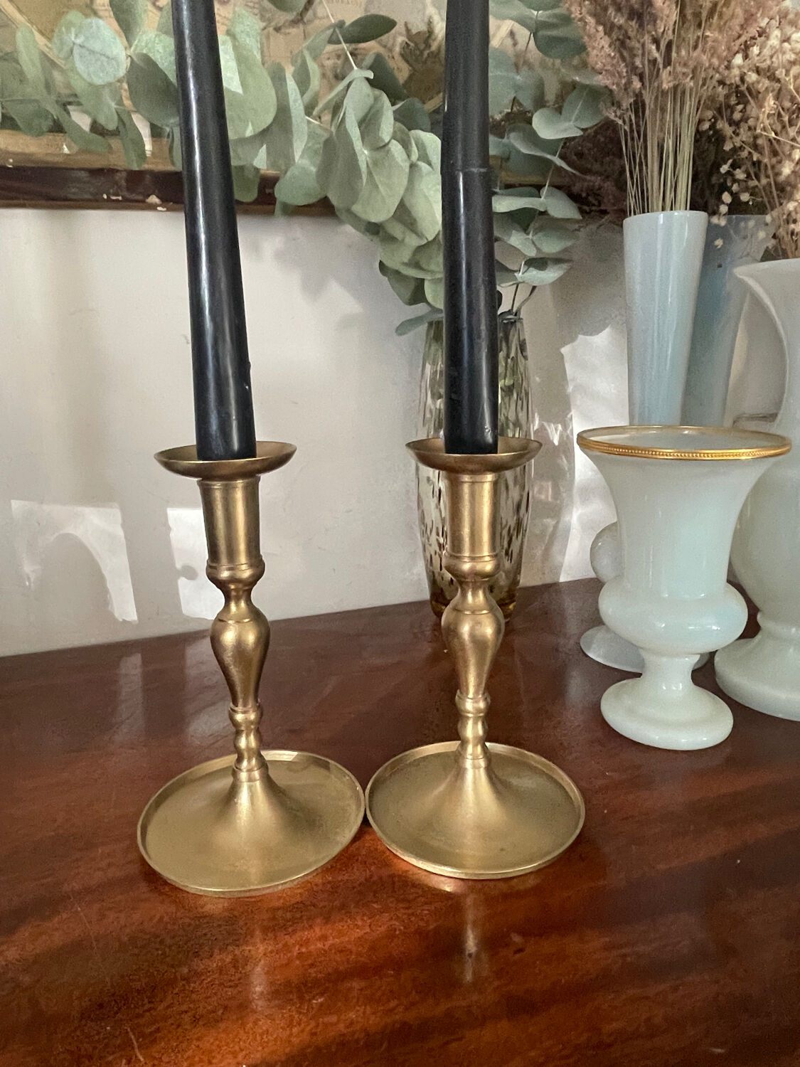 Pair of brushed brass candle holders