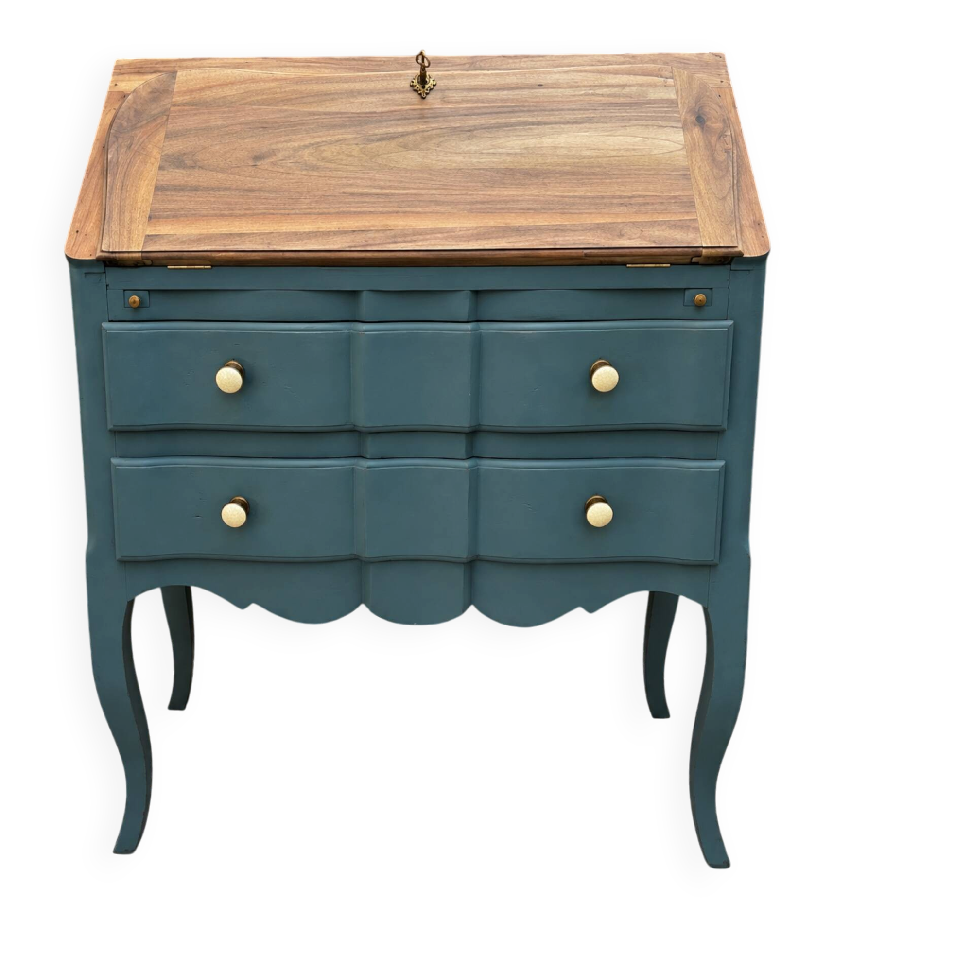 Restored antique drop-leaf secretary – natural wood & Night Blue