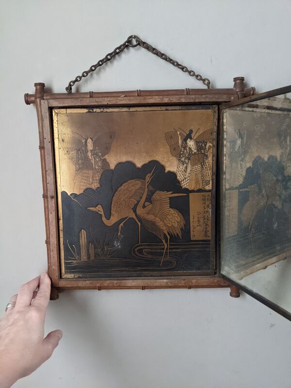 Miroir triptyque décor asiatique antique chaînette décoration murale bois