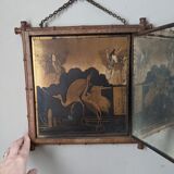 Antique Asian decorative triptych mirror with chain wall decoration in wood.