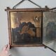 Antique Asian decorative triptych mirror with chain wall decoration in wood.