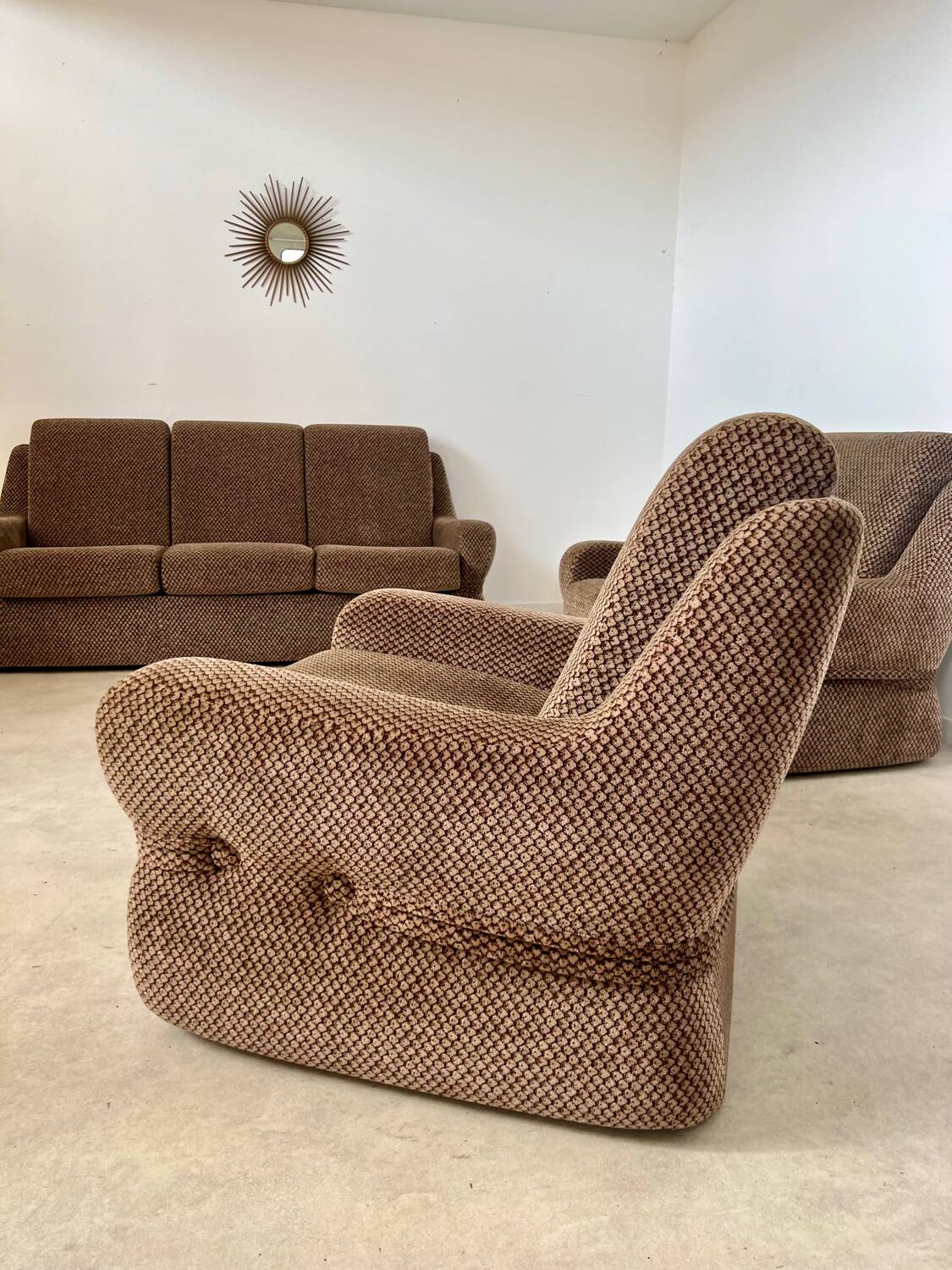 Old 3-seater sofa and vintage armchairs in French designer fabrics from the 70s, Beka brand