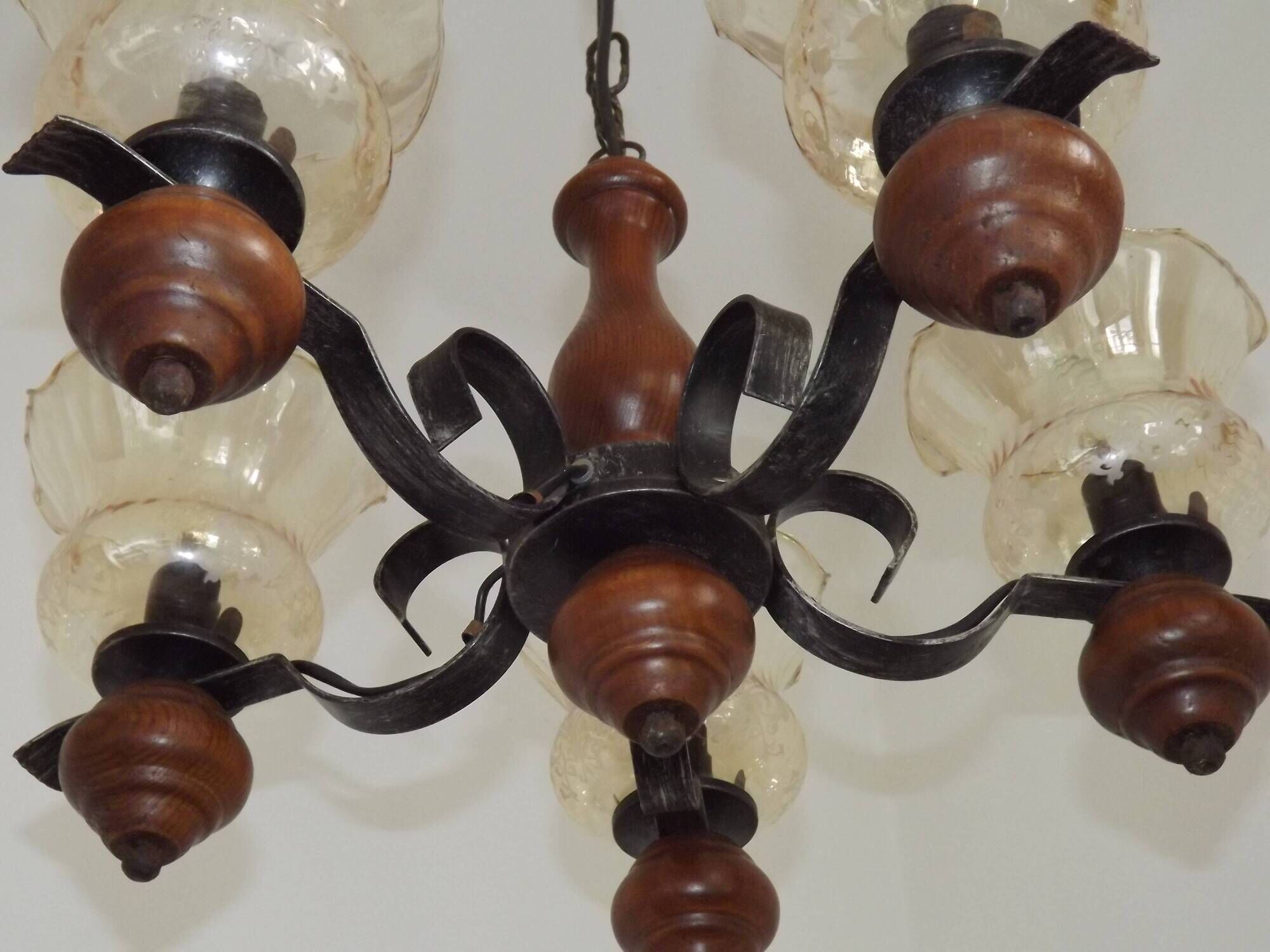 French 5 Light Mid Century Chandelier Wood Metal & Patterned Glass Shades