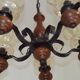 French 5 Light Mid Century Chandelier Wood Metal & Patterned Glass Shades