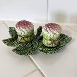 Set of Vintage Asparagus-themed Majolica Salt and Pepper Shakers with Plate