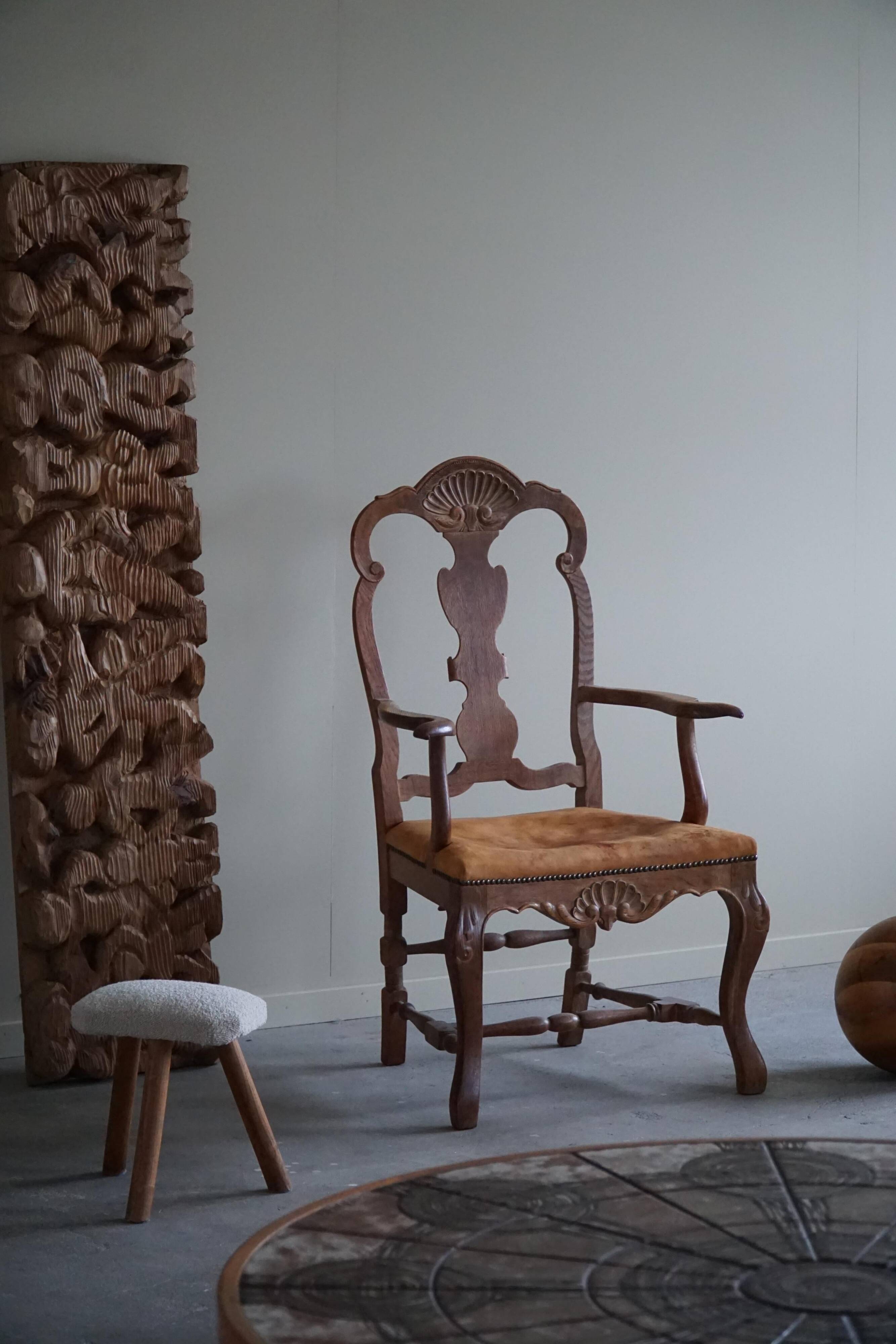 Vintage Sculptural Armchair in Oak and Leather, Danish Modern, 1940s