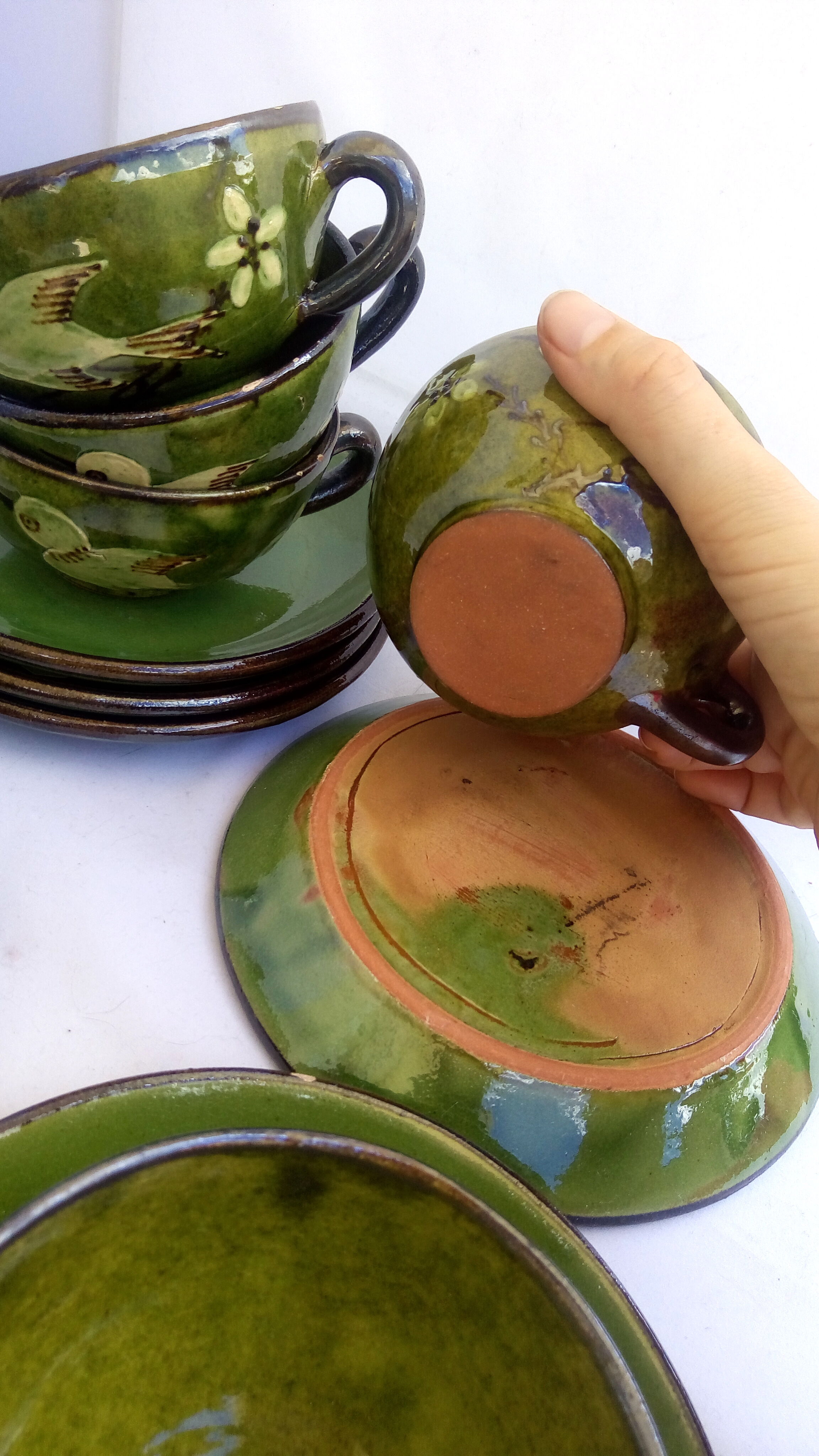 6 tea cups/green ceramic bird coffee