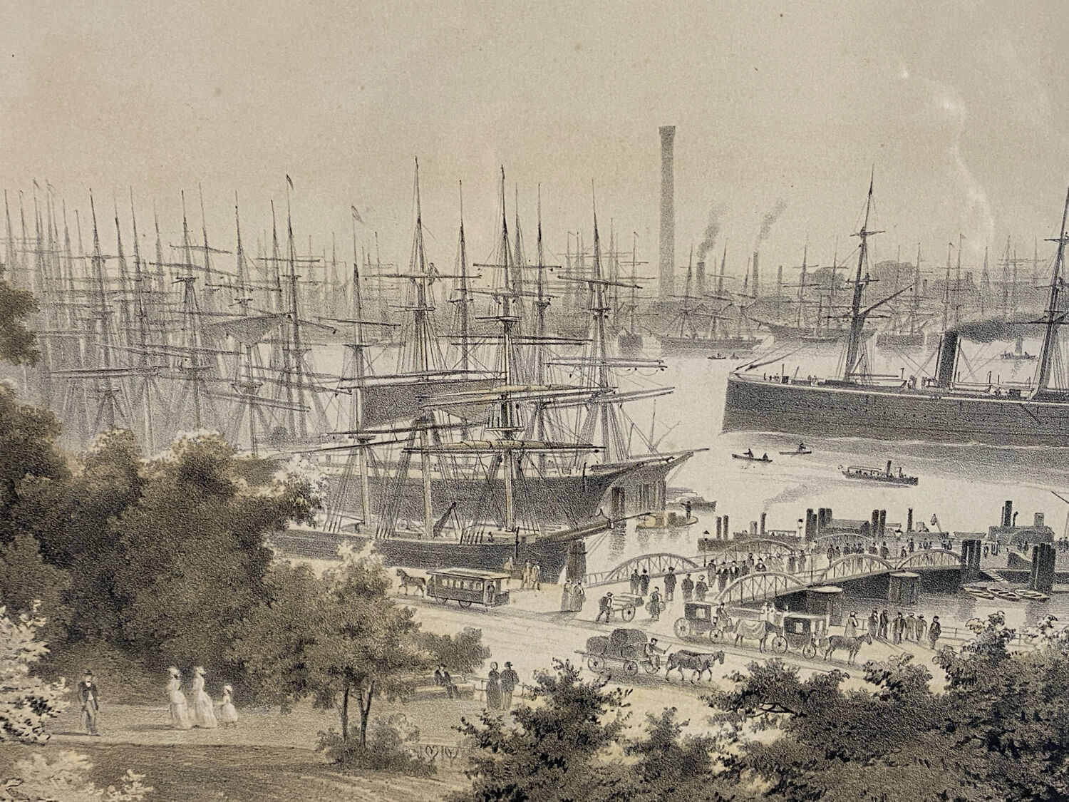 Lithograph under glass "Port of Hamburg", 19th century.