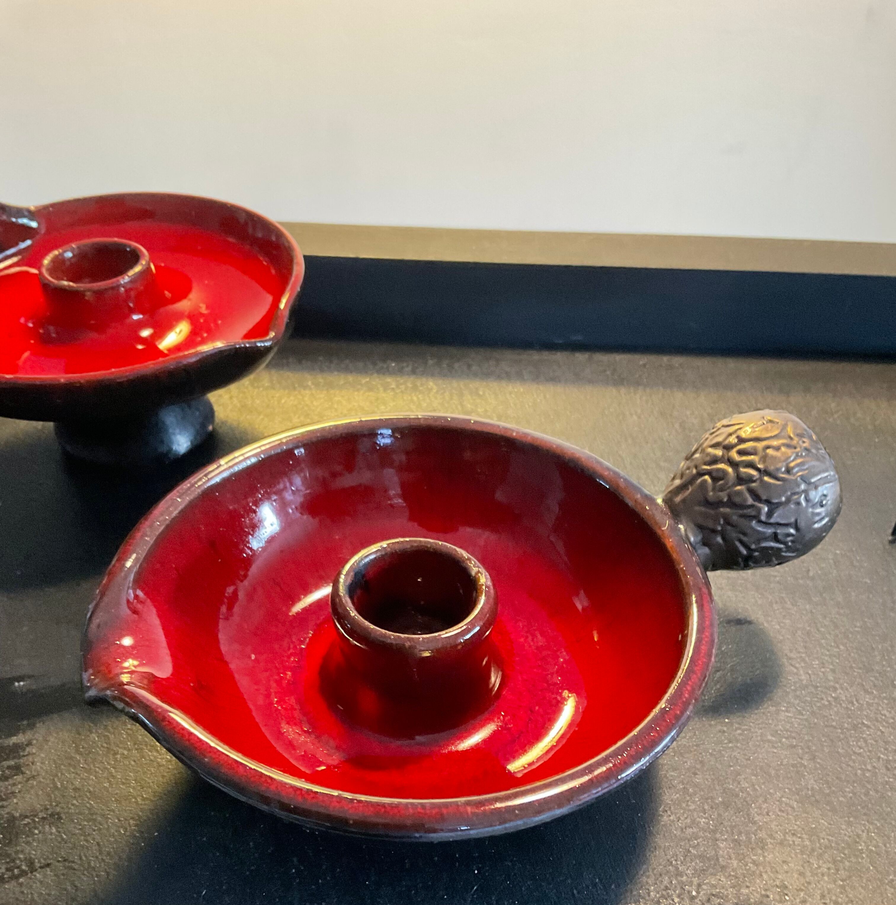 Duo of vintage enamelled ceramic candle holders born 60-70