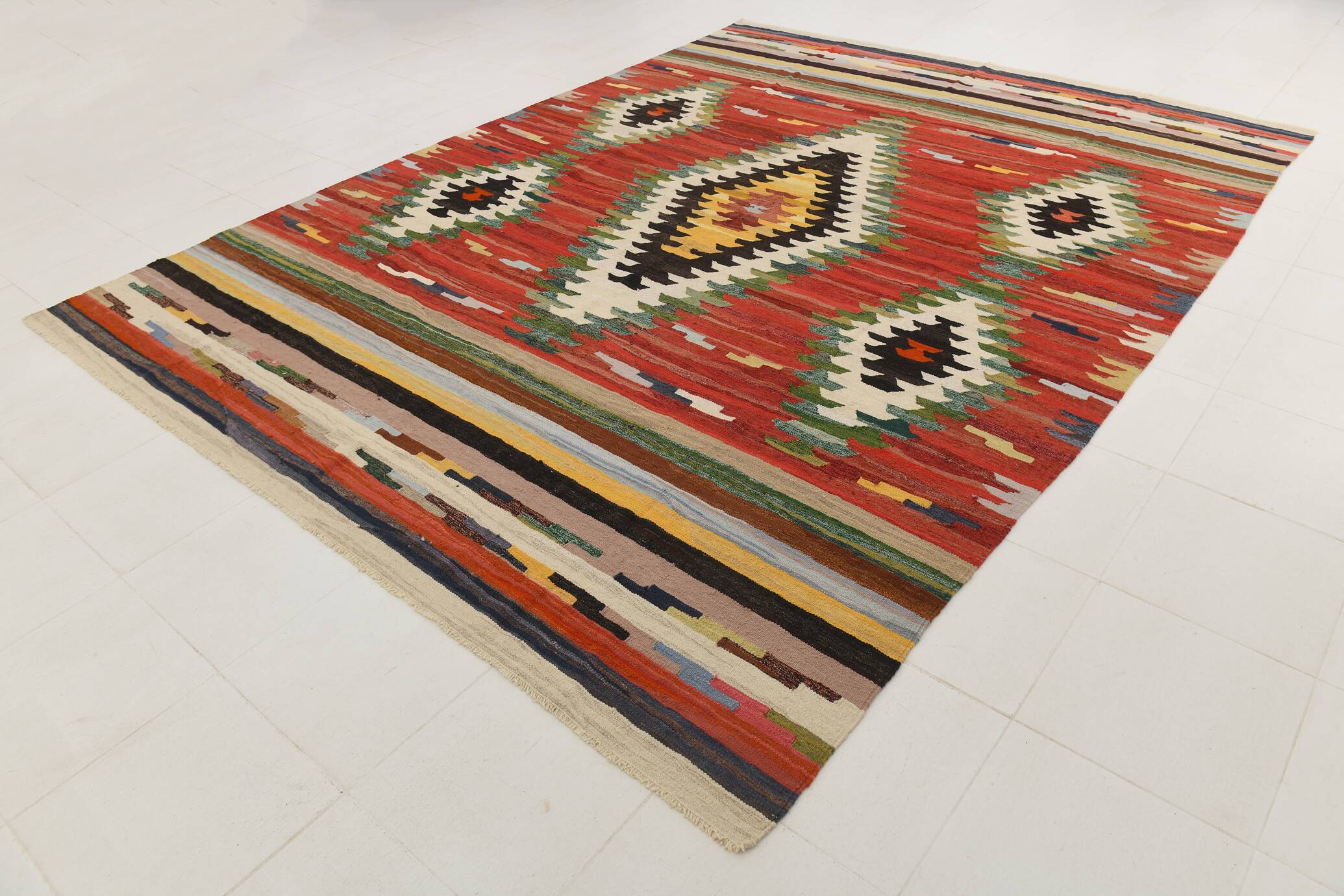 9x12 Kilim Red Green Oversize Vintage Kilim Rug, 275x370Cm