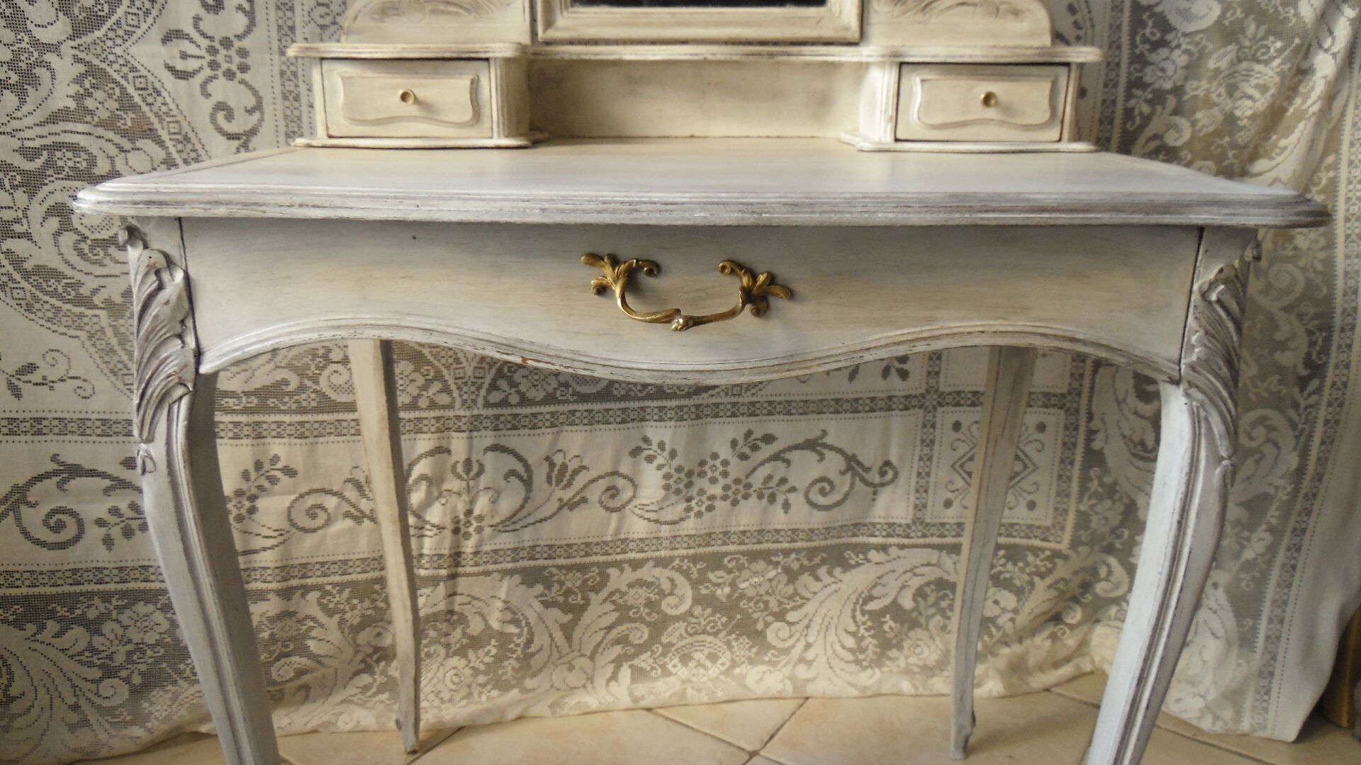 Former white grey patina hairdresser mirror table 2 Shabby chic drawer