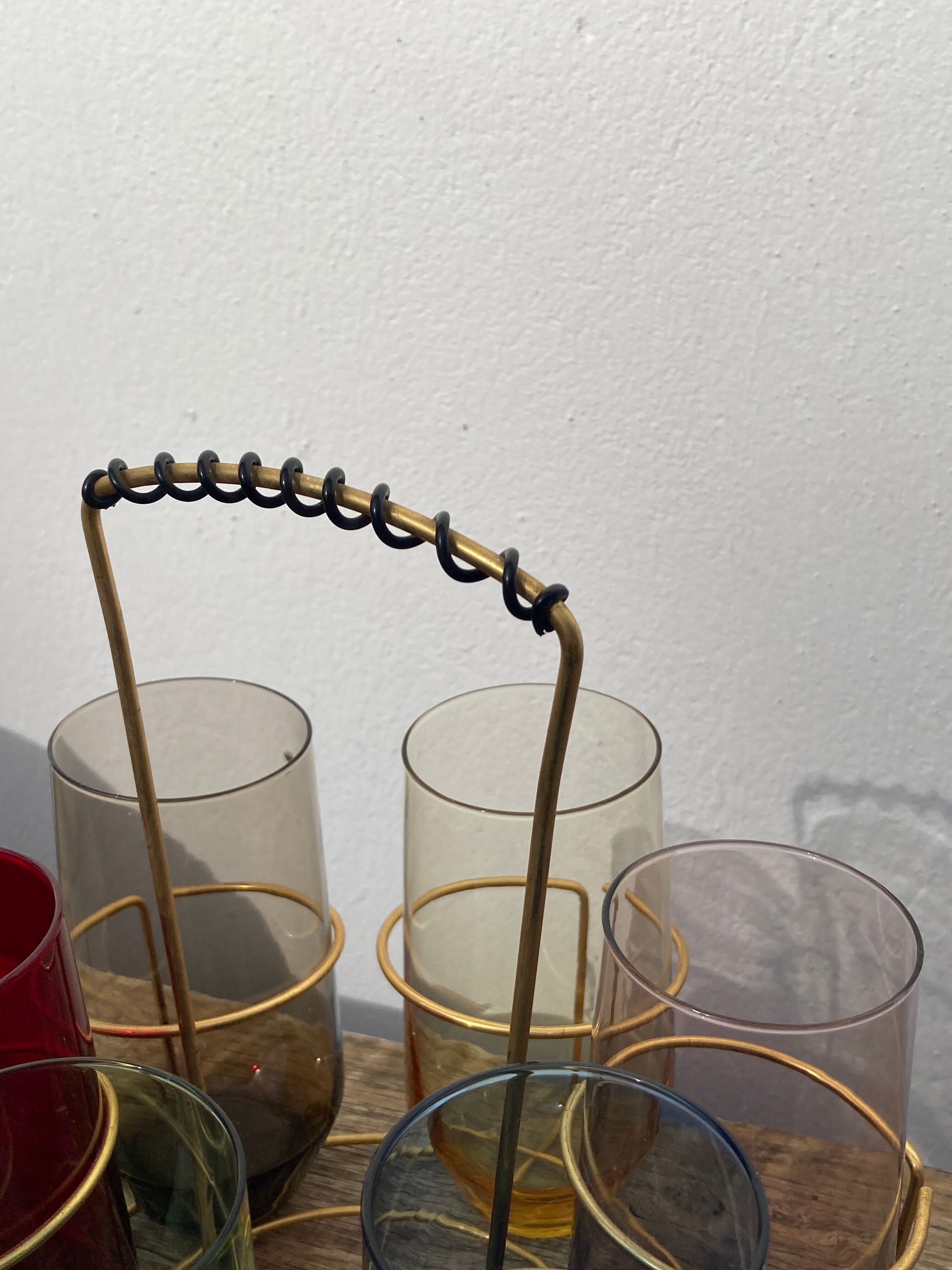 Crystal coloured water glasses in gilded metal glass holders 1970