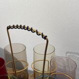 Crystal coloured water glasses in gilded metal glass holders 1970