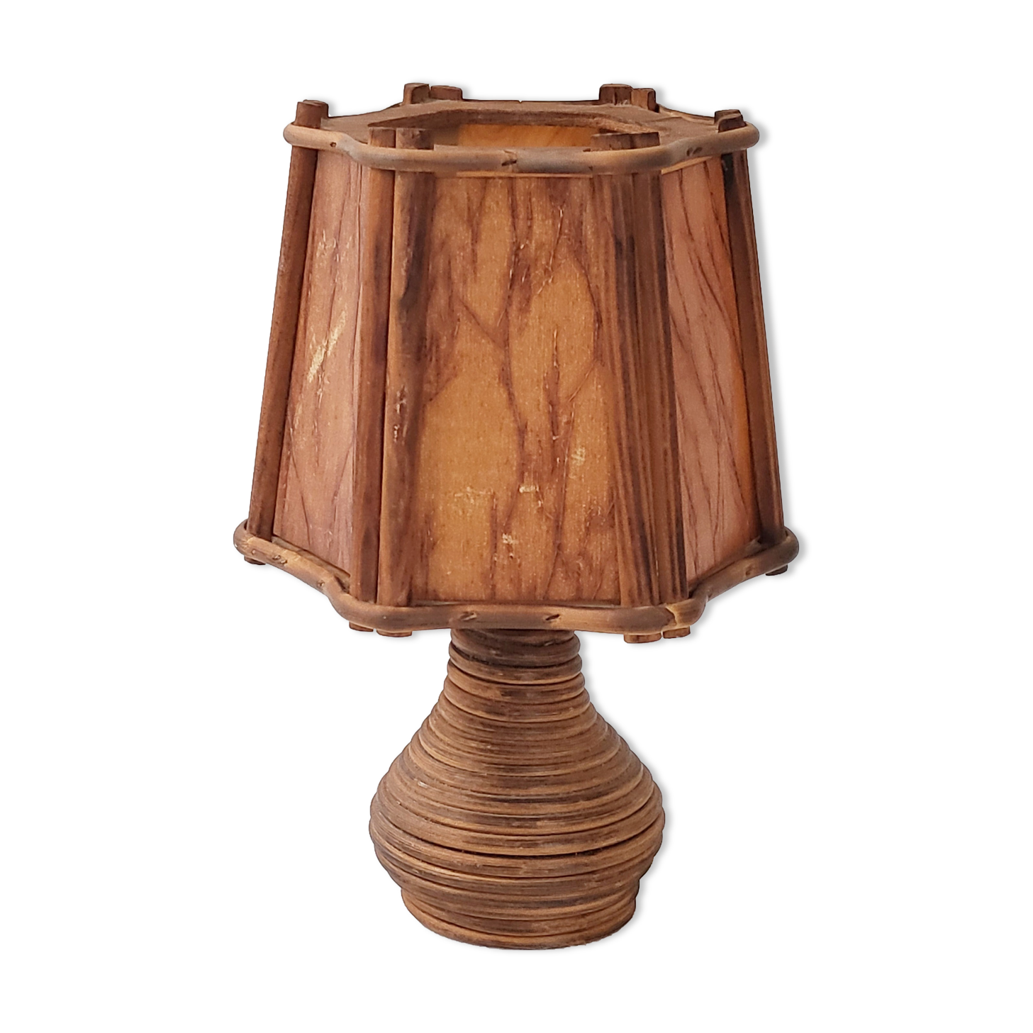 Lampe vintage 1960 bois & rotin