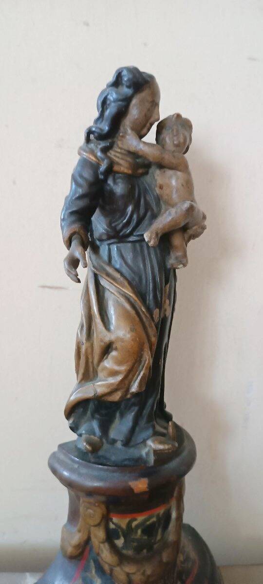 Ancient polychrome wooden sculpture representing the Virgin and Child, from