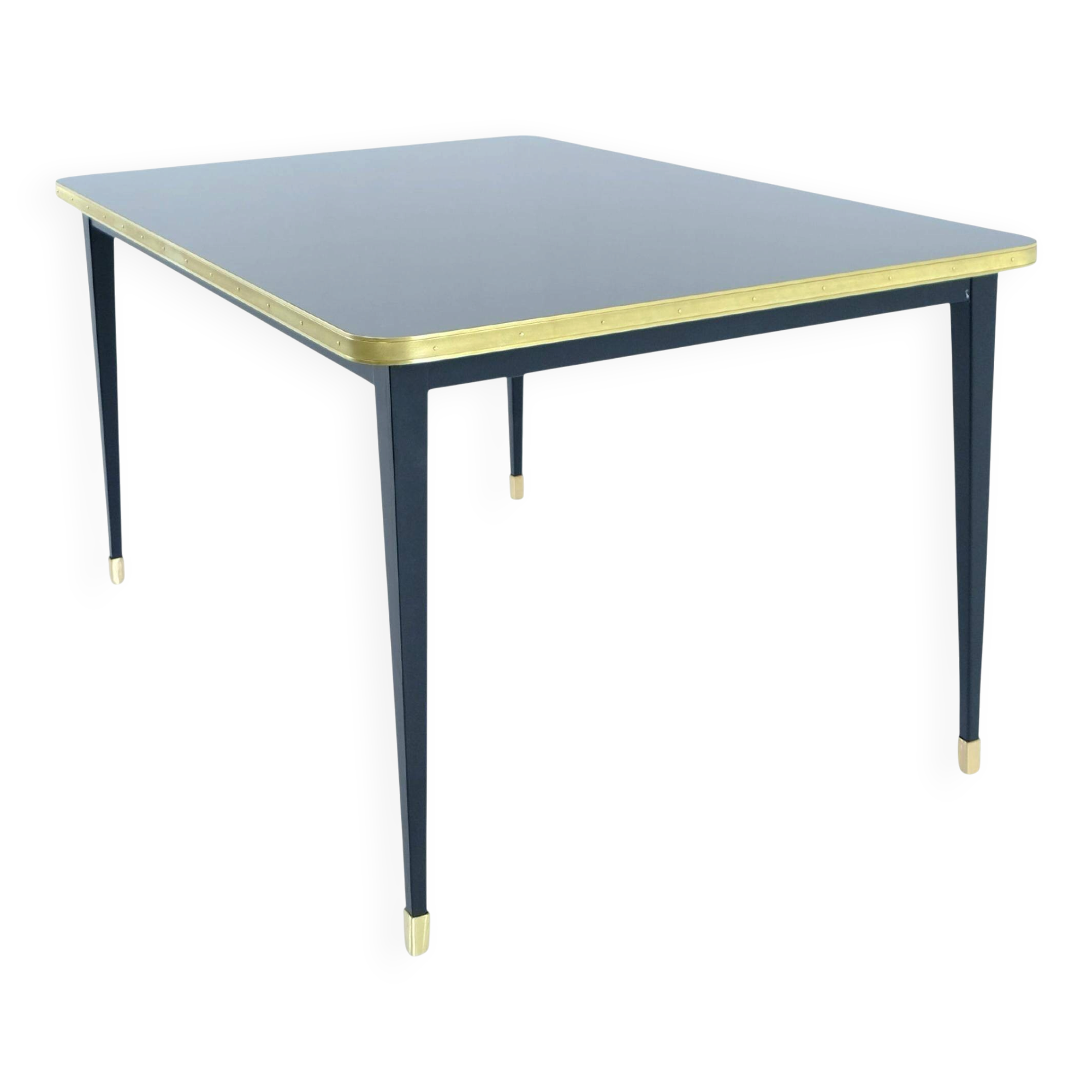 Dining Table, High Gloss Laminate, Brass, Tapered Legs, Midnight Blue - M