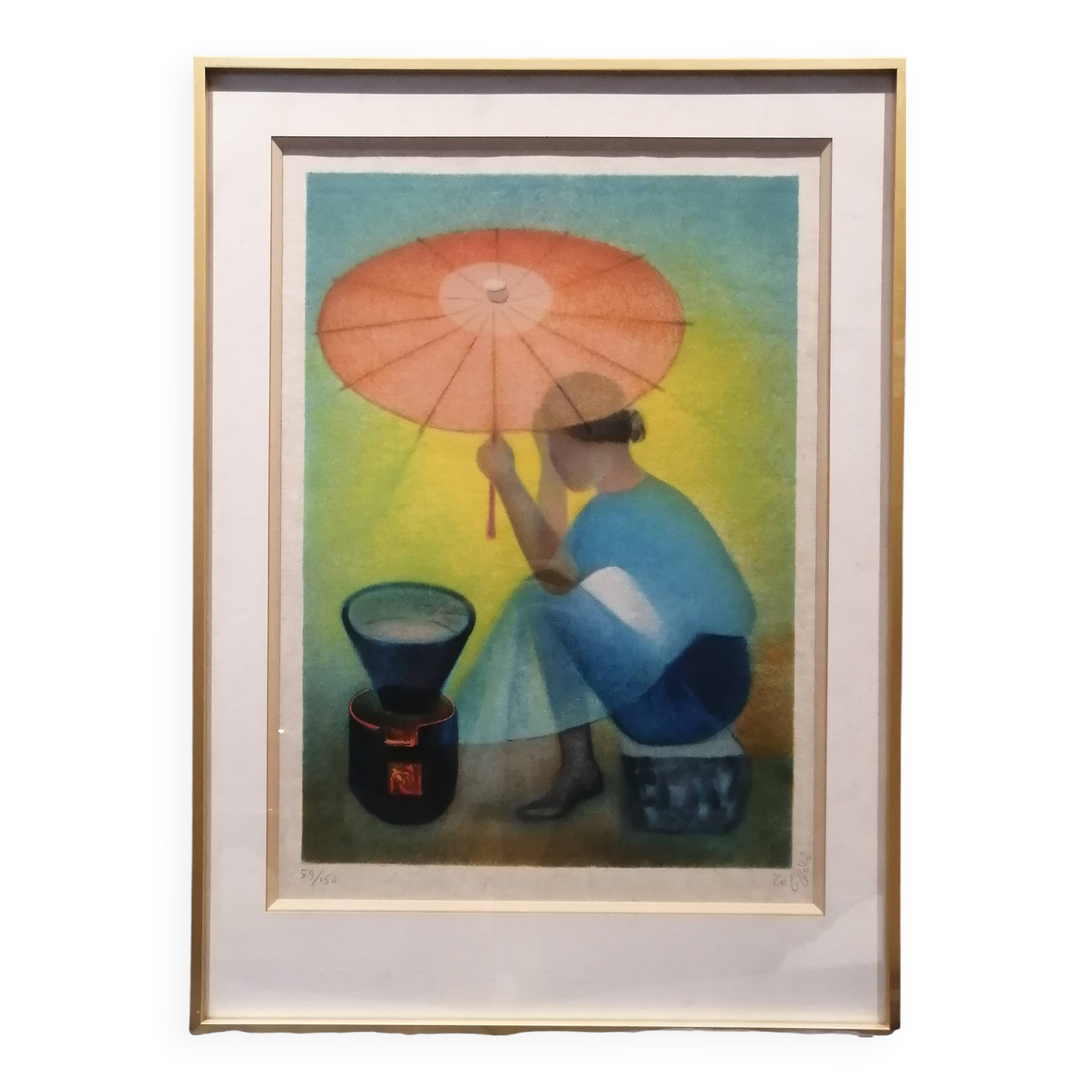 Lithograph "The Seller with the Parasol", Louis Toffoli (1907-1999)